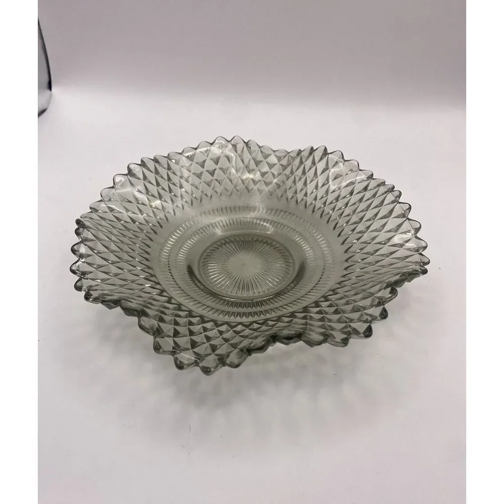 Indiana Glass Clear/Gray Diamond Point Cut Glass‎ Round Candy Dish Ruffled Edge